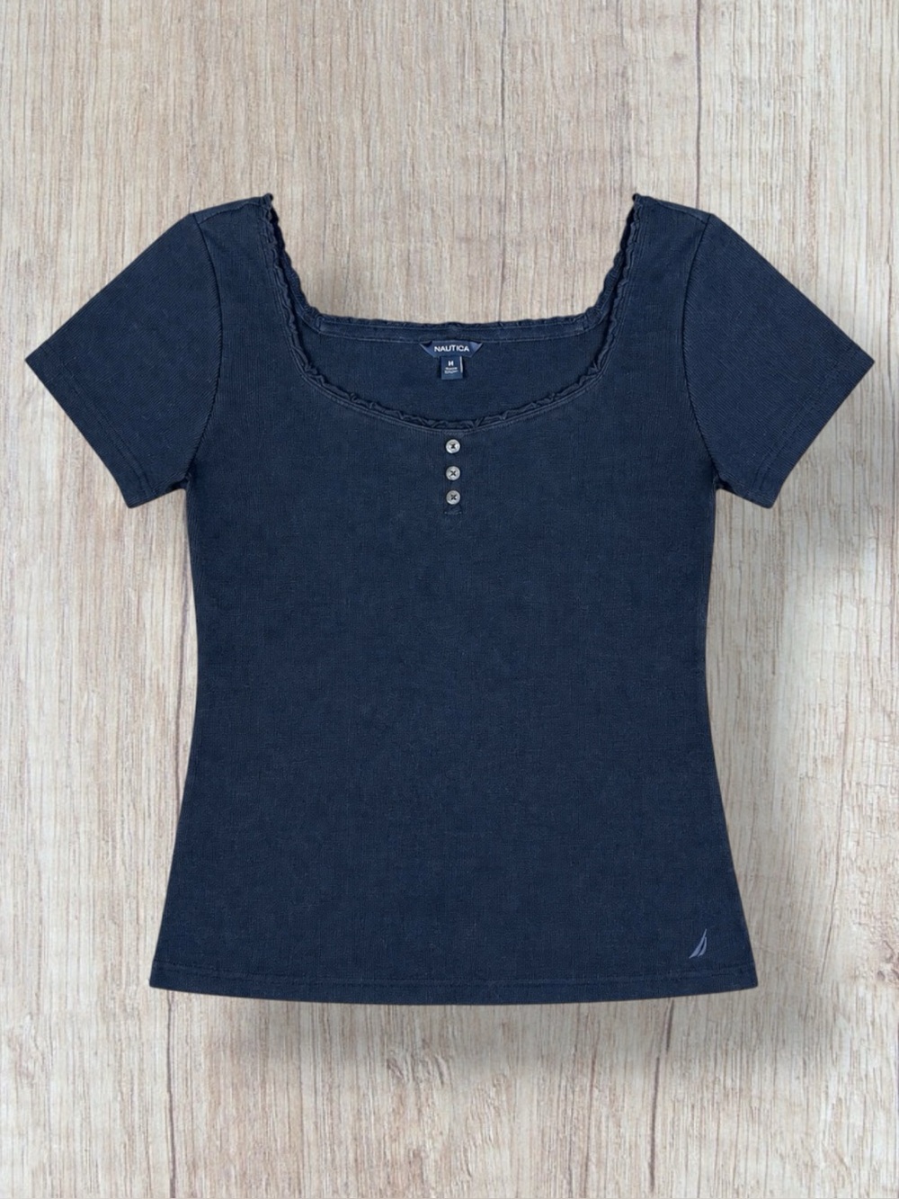 Nautica Henley Top Blue Tee Shirt Ribbed Ruffled Square Neck Classic Casual M